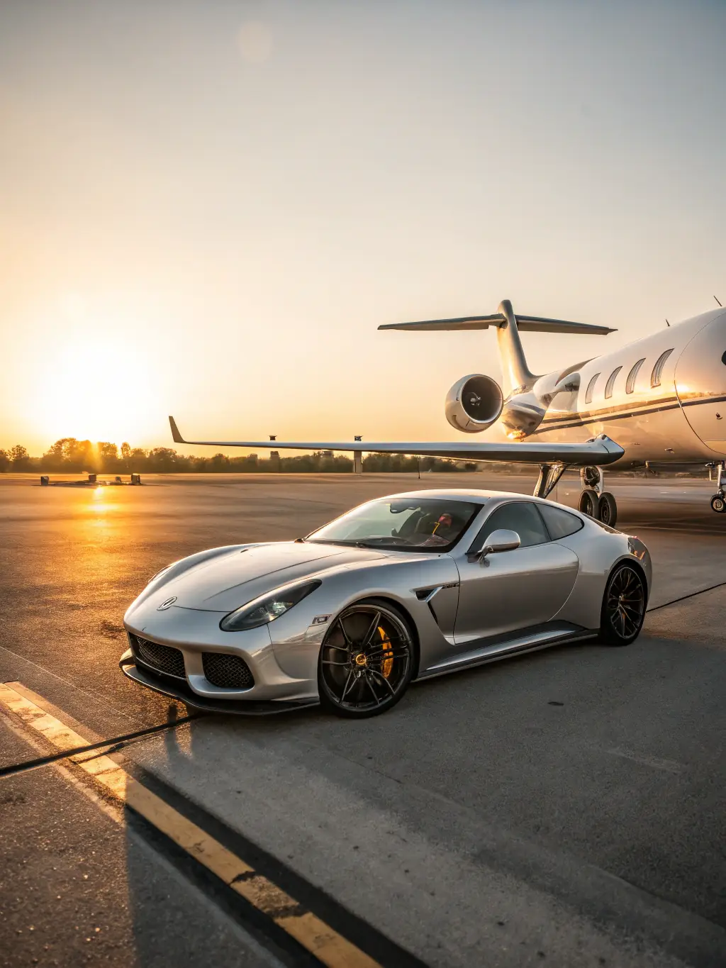 A classic sports car and a vintage aircraft parked side-by-side on an airfield, representing the ChronoSport Swiss drive & fly experience.